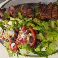 Charbroiled Beef Skewer · Greek style marinated beef sirloin skewer with bell peppers and onions, Athenian salad, pita...