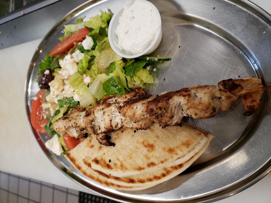 1 Skewer Plate · Choice of one all-natural chicken breast skewer of one pork skewer served with Athenian salad, pita, tzatziki and choice of side