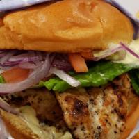 Chicken Sandwich · All-natural charbroiled chicken breast served on a gourmet bun with our own Greek island sau...