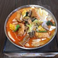Beef Hot Pot · Lotus, Napa cabbage, enoki mushroom, corn, tofu and fish cake. Spicy.