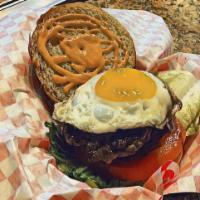 Goldie’s Burger · Our juicy, meaty beef burger topped with a grilled sunny side-up egg