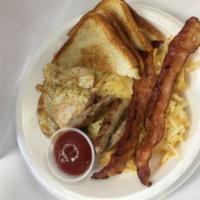 Pepper Breakfast Plate · Two eggs, bacon, sausage, hashbrowns and 2 pieces of toast.