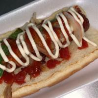 Dirty Dog · Bacon-wrapped hot dog, grilled onions, ketchup, mayo and grilled jalapenos.