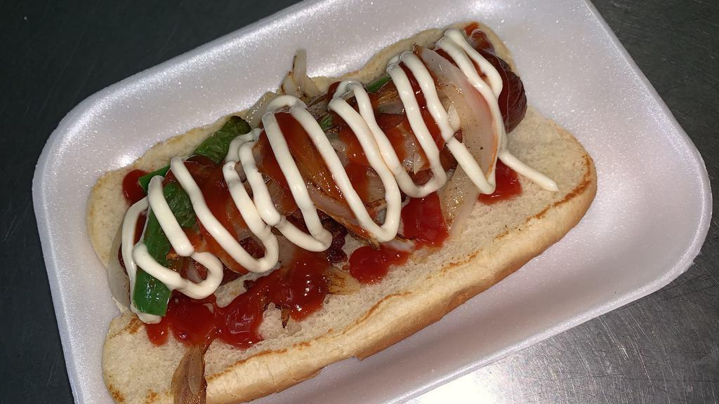 Dirty Dog · Bacon-wrapped hot dog, grilled onions, ketchup, mayo and grilled jalapenos.