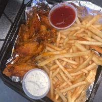 Pepper Wings · 8 piece bone-in wings with a side of fries, ketchup and ranch.