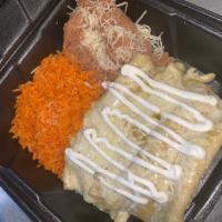 Chicken Enchiladas · 3 chicken enchiladas with rice, beans, topped with sour cream and salsa verde.