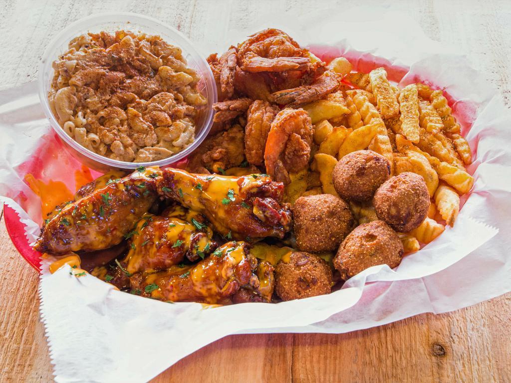 Chicken and Shrimp Platter · Wings or tenders and shrimp.