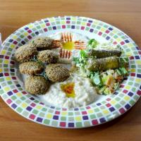 Vegetarian Platter (VEG) · 5 pieces of falafel, fattoush salad, 2 pieces of dolmas, hummus and baba ghanoush served wit...