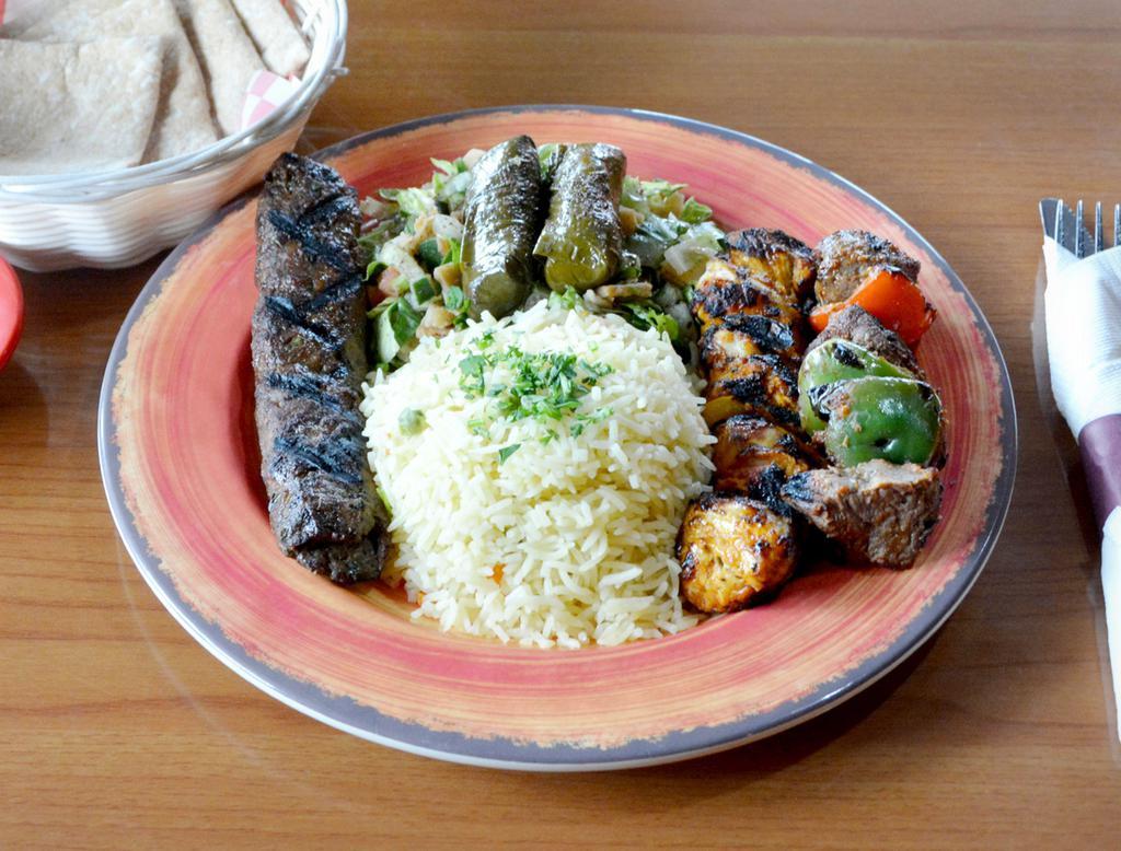 Mix and Match Kebab · Any Three skewers of Kebabs served with rice, dolmas, fattoush salad, hummus and pita. Chicken, Shrimp and kefta are cooked well done so temperature will be automatically applied to lamb and beef kebab only.