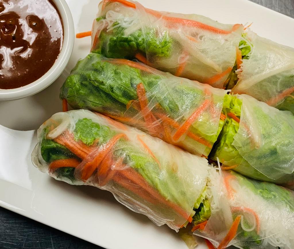  2. Fresh Rolls  · Thin rice paper wrap with fried tofu, lettuce, rice noodle, bean sprout and carrot served with spicy peanut dipping sauce.
