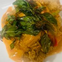 6. Catfish Curry  · Deep fried sliced catfish fillet with red coconut curry sauce topped with crispy basil.
