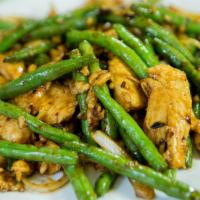 Green Bean Chicken · Sliced chicken sauteed with fresh green beans in black bean sauce. Served with steamed rice.