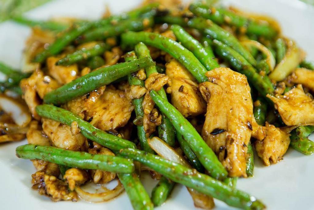 Green Bean Chicken · Sliced chicken sauteed with fresh green beans in black bean sauce. Served with steamed rice.