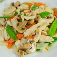 Chicken Moo Goo Gai Pan · Chicken sauteed with snow peas, water chestnuts, boy choy , mushrooms and carrots in house m...