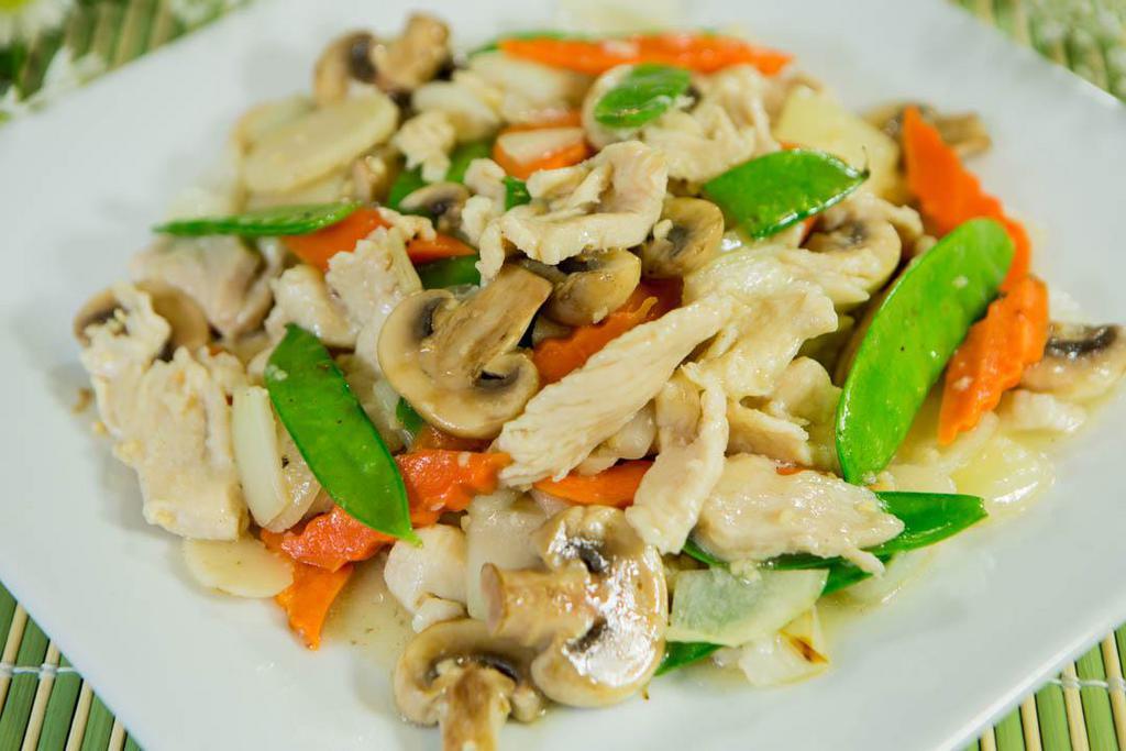 Chicken Moo Goo Gai Pan · Chicken sauteed with snow peas, water chestnuts, boy choy , mushrooms and carrots in house made white sauce.