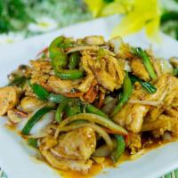 Szechuan Chicken · Chicken stir fried in onions, green peppers and carrots in spicy Szechuan sauce. Served with...