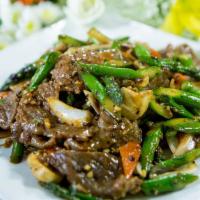 Asparagus Beef · Served with steamed rice.
