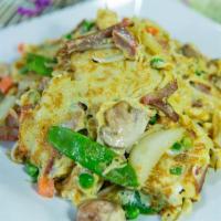 BBQ Pork Chow Dan · Sliced BBQ pork mixed with mushrooms and both white and green onions in eggs, carrots, water...