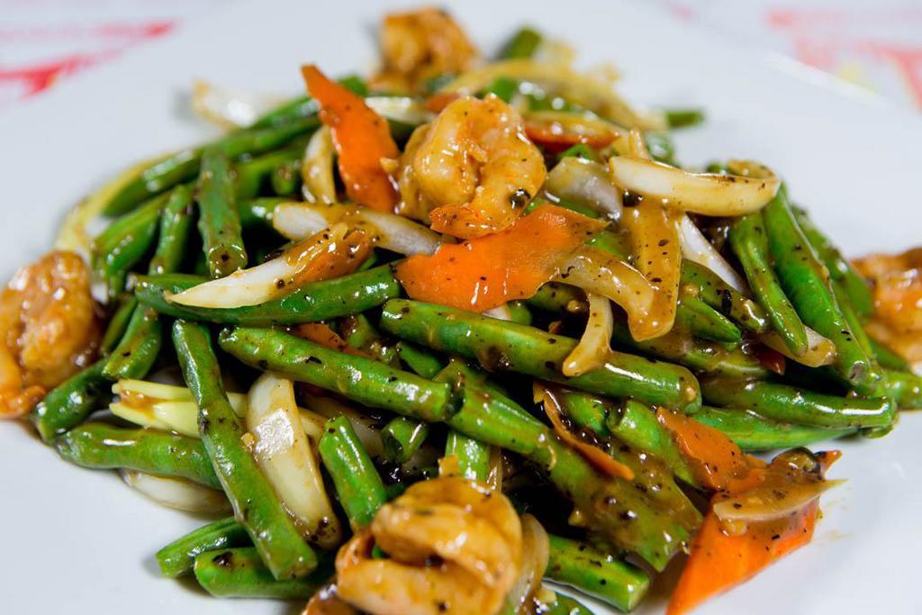 Green Bean Shrimp · Shrimp stir fried with fresh beans in black bean sauce. Served with steamed rice.