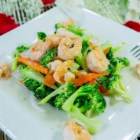 Shrimp and Broccoli · Shrimp stir fried with fresh broccoli in light sauce. Served with steamed rice.