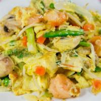 Shrimp Chow Dan · Shrimp, mixed with mushrooms and both white and green onions in eggs, carrots, water chestnu...