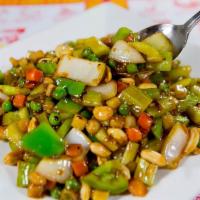 Kung Pao Vegetables · Served with steamed rice. Hot and spicy. Vegetarian.