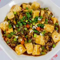 Ma Po Tofu No Meat · Served with steamed rice. Hot and spicy. Vegetarian.