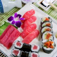 Tuna Lover Platter Combo · 4 pieces of nigiri sushi, 3 pieces of sashimi, 6 pieces tekkamaki and 5 pieces spicy tuna ro...