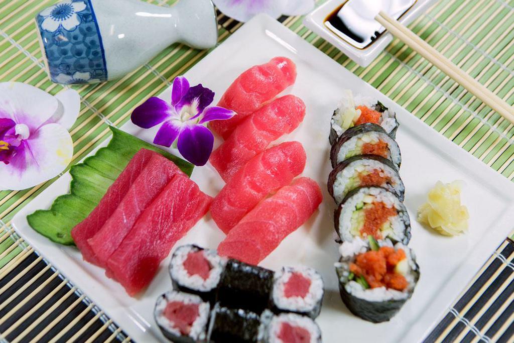 Tuna Lover Platter Combo · 4 pieces of nigiri sushi, 3 pieces of sashimi, 6 pieces tekkamaki and 5 pieces spicy tuna roll.