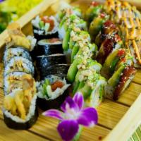 Large Sushi Boat for 4 · 8 pieces California roll, 5 pieces Spicy Tuna roll, 5 pieces Spicy Salmon roll, 8 pieces Fuj...
