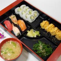 Bento 3 · 5 pieces crunch Philly, 4 pieces nigiri sushi and California roll. Includes seaweed salad.