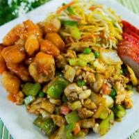 #7 Combo *BBQ*S/S PK* KP CH* · BBQ pork, kung pao chicken (spicy), sweet and sour pork, pork fried rice or vegetable lo mei...
