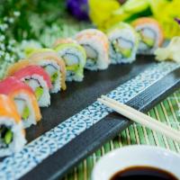 8 Pieces Rainbow Roll · 4 kinds of chef choice fish, 1 shrimp top on California roll. Contains raw fish.