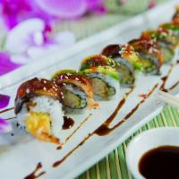 8 Pieces Dragon Roll · Inside: tempura shrimp, cucumber, and crab salad Outside eel, avocado, tobiko and eel sauce....