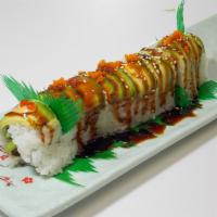 8 Pieces Caterpillar Roll · Inside: eel, cucumber, and crab salad  Outside: avocado and eel sauce.