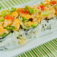 8 Pieces Volcano Roll · Inside: baked spicy scallop with masago and scallion top on California roll. Contains raw fi...