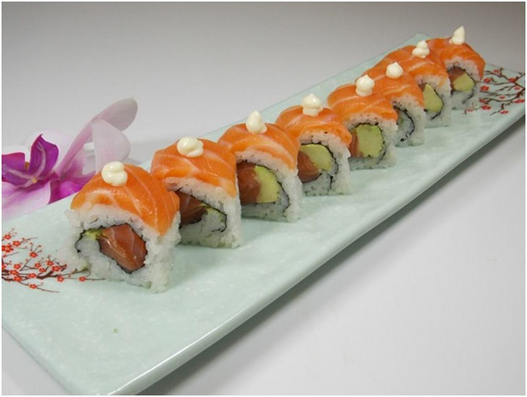 8pcs Oregon Salmon Roll · Salmon & avocado roll, topped with more salmon & spicy mayo. Contains raw fish.