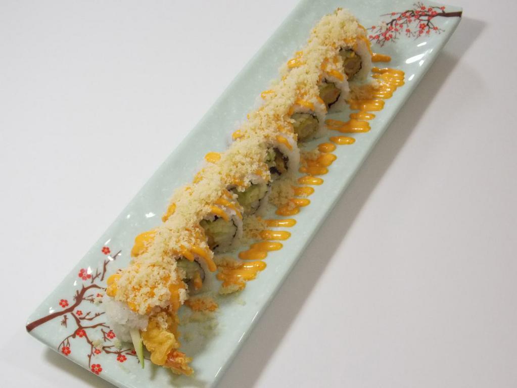 8pcs Shrimp Tempura Roll · Shrimp tempura & avocado roll, topped with tempura flakes & spicy mayo.