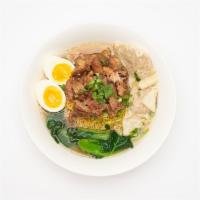 10. Ba-Mhee Mhoo-Ob · Egg noodle soup with braised pork shoulder, whole soft boil egg and yu choy.