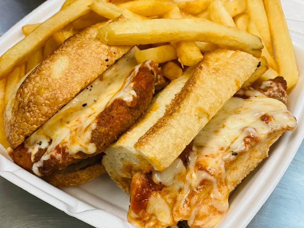Chicken Parmigiana Sandwich · Served with french fries. 