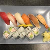 Sushi and Roll Combo C · Tuna salmon white tuna yellowtail snapper shrimp (1 of each) and california roll.