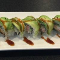 Caterpillar Roll · Baked eel, cucumber, and crab meat topped avocado with eel sauce.