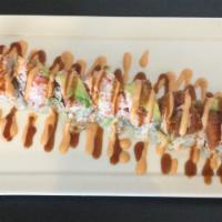 Instagram Roll · Avocado and tempura shrimp topped with crab meat, avocado, and spicy tuna with spicy mayo an...