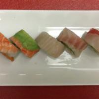 Rainbow Roll · Avocado, cucumber, and crab meat topped with salmon, tuna, snapper, shrimp, and avocado.