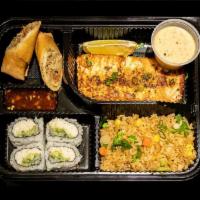 Bento Box 2 · Grilled salmon, veggie fried rice, California roll, veggie spring roll.