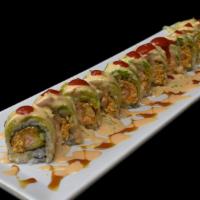 Mexican Roll · Salmon tempura, spicy crab mix, cucumber. Topped with yellow hot pepper, avocado, orange, ee...