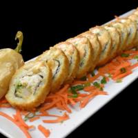 Guamuchilito Roll · Shrimp tempura, crab mix, cream cheese, avocado, cucumber. Topped with ebi shrimp,  orange a...