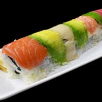 Rainbow Roll · Crab mix, avocado and cucumber, topped with fresh tuna, salmon, yellowtail, ebi shrimp and a...