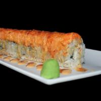 Caramelo Roll · Ebi shrimp, crab mix, cucumber, avocado, topped with sauteed shrimp, cream cheese, orange an...
