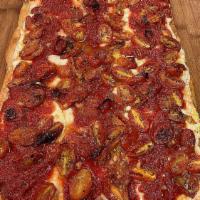 Roasted Tomato & Garlic Rectangle Pan Pizza · Light & fluffy crust with roasted fresh tomatoes, garlic & fresh mozzarella cheese. 